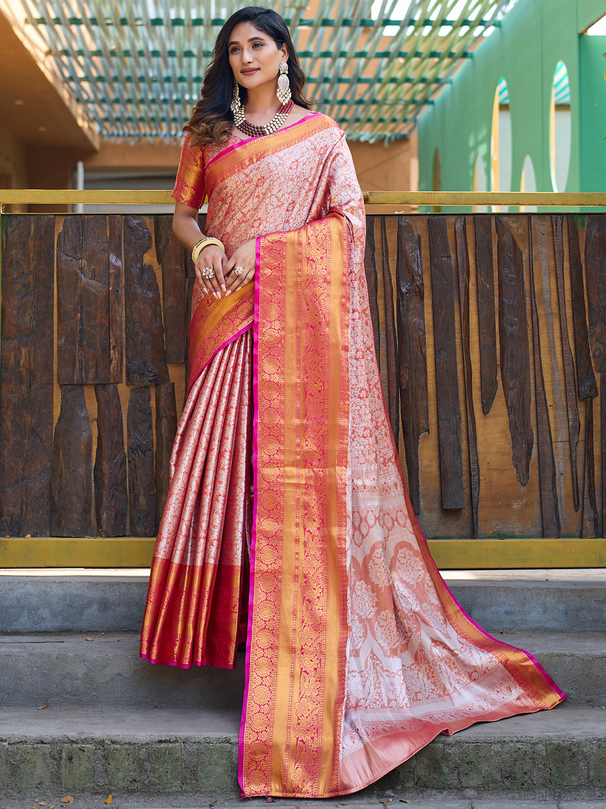 Orange and pink kanchipuram silk saree – Thokai